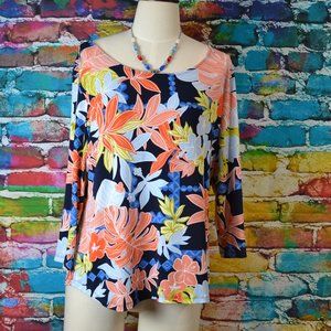 Ruby Rd Petite Multi Color Floral Long Sleeve Textured Blouse Size PXL